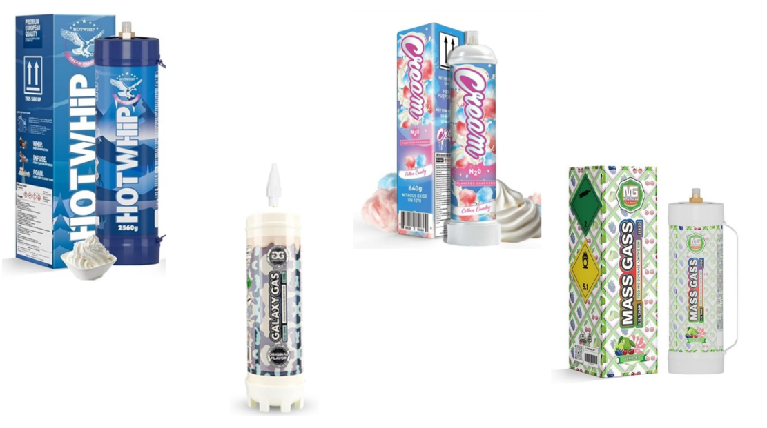 A collection of four various nitrous oxide (N2O) whipped cream chargers and their packaging, including brands like Hotwhip, Galaxy Gas, Cream, and Mass Gass. The canisters are shown next to colorful boxes featuring images of whipped cream and cotton candy.