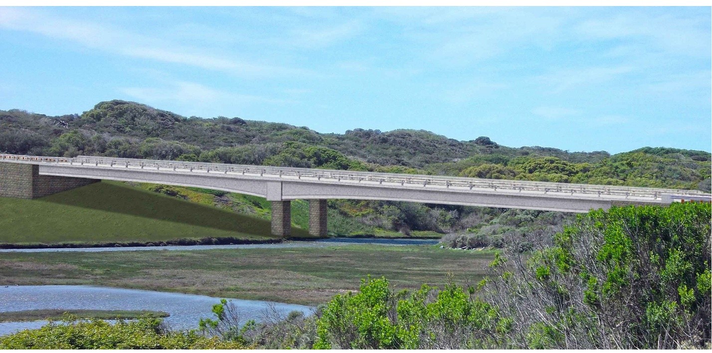 A concrete bridge spans a river and surrounding wetlands with rolling hills in the background.