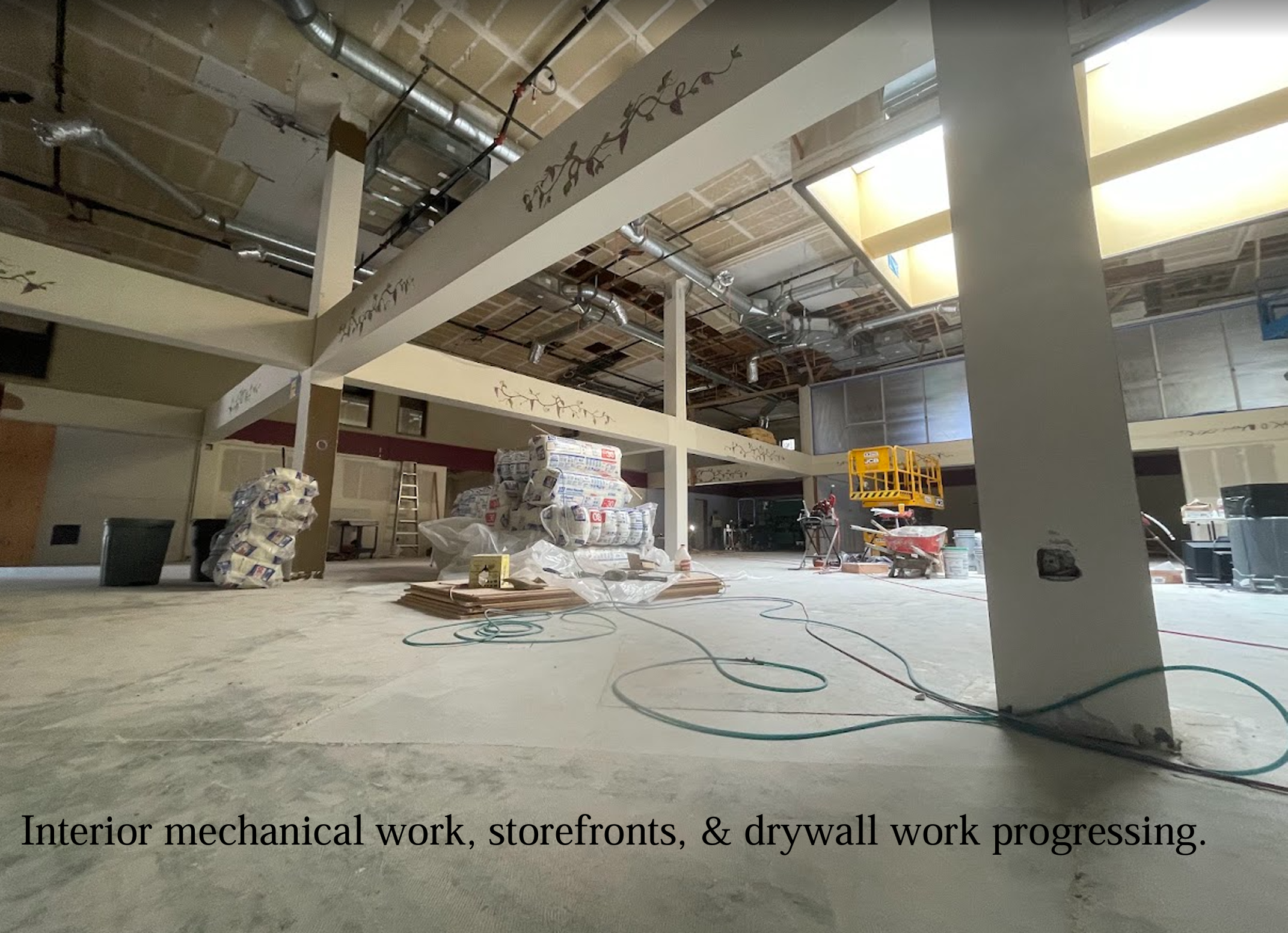 Interior mechanical work, storefronts, & drywall work progressing
