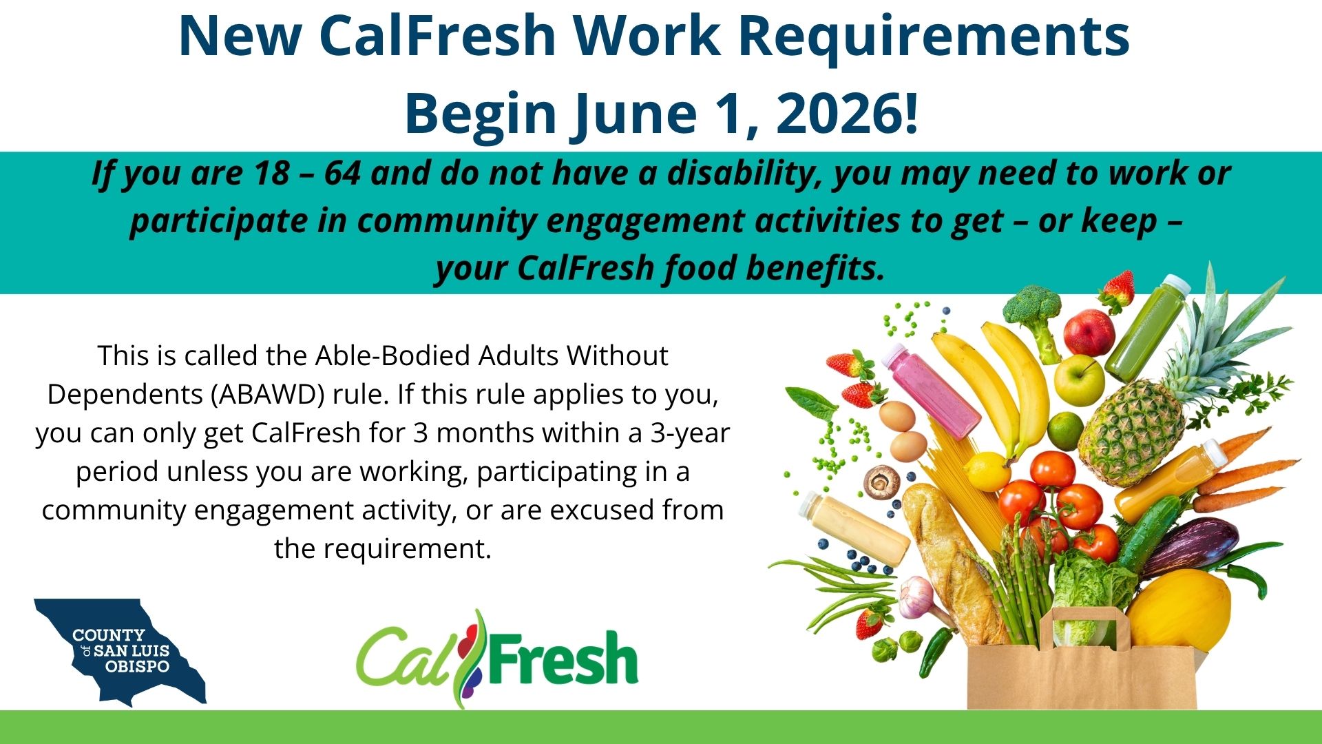 Flyer announcing new CalFresh work requirements starting June 1, 2026. Long description below.