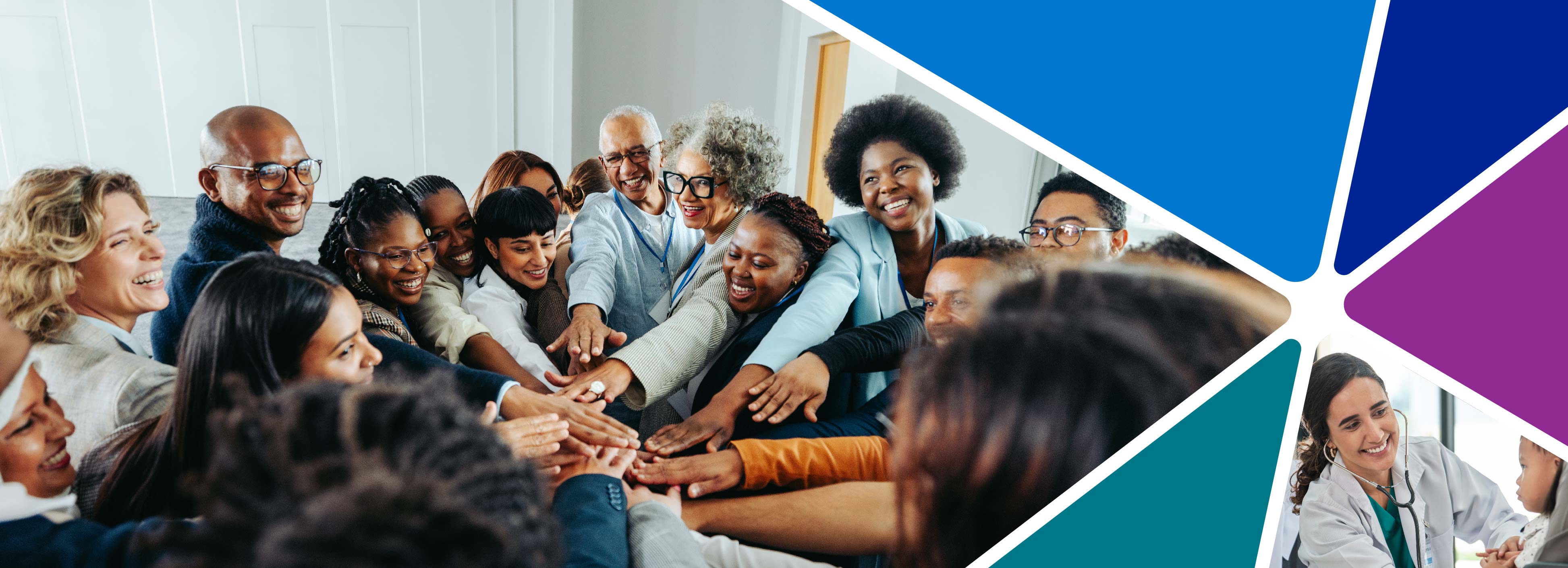 Crowd of scientists and government professional putting their hands together in a huddle.