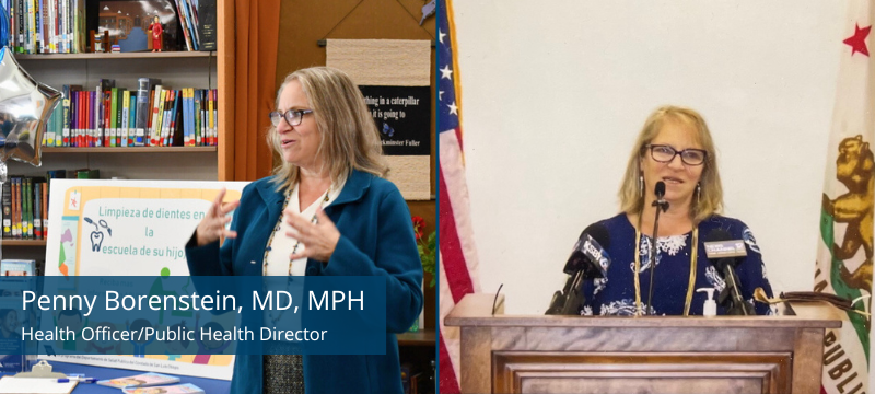 Dr. Penny Borenstein speaking to students in a classroom, plus a view of her briefing the press during the COVID-19 pandemic