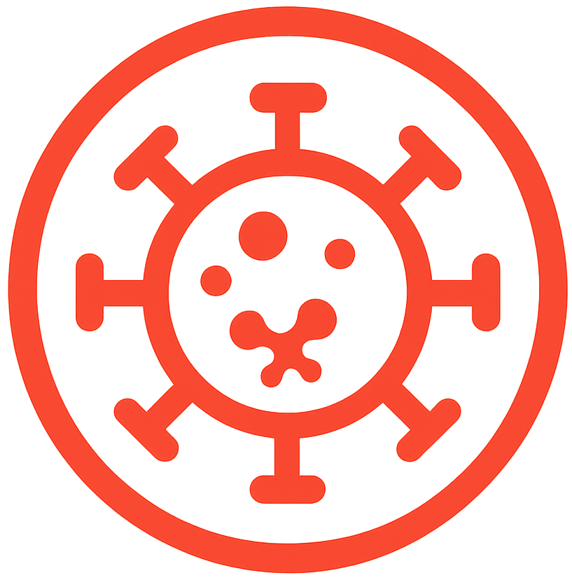 Red symbol of virus cell with spikes resembling a corovirus cell.