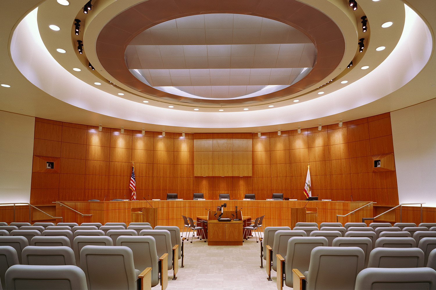 The County of San Luis Obispo Board chambers, empty.